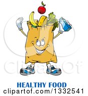 Cartoon Paper Grocery Bag Character Full Of Foods Over Text