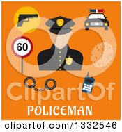 Flat Design Male Police Officer And Items On Orange Over Text