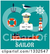 Flat Design Male Sailor Captain And Nautical Items On Turquoise With Text