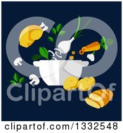 Poster, Art Print Of Flat Design Roasted Chicken Bread And Vegetables On Navy Blue