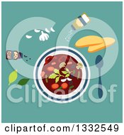 Poster, Art Print Of Flat Design Bowl Of Vegetarian Soup With Seasonings On Turquoise