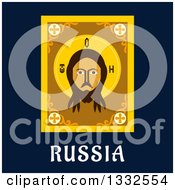 Poster, Art Print Of Flat Design Russian Jesus Christ Golden Icon Over Text On Navy Blue