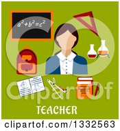 Poster, Art Print Of Flat Design Female Math Teacher With Accessories Over Green With Text