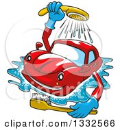 Poster, Art Print Of Cartoon Red Car Washing Itself With A Brush