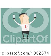 Poster, Art Print Of Flat Design White Business Man Holding Up Two Smart Phones On Green