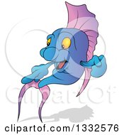 Poster, Art Print Of Cartoon Gradient Purple And Blue Marine Fish Pointing To The Left With A Shadow