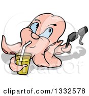 Poster, Art Print Of Cartoon Pastel Pink Octopus Drinking A Beverage And Holding Sunglasses With A Shadow