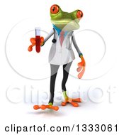 Clipart Of A 3d Green Doctor Or Scientist Springer Frog Walking And Holding A Test Tube With Blood Royalty Free Illustration