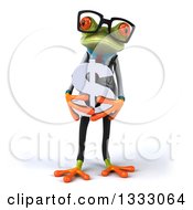 Clipart Of A 3d Bespectacled Green Doctor Springer Frog Holding A Dollar Currency Symbol Royalty Free Illustration