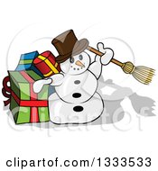 Poster, Art Print Of Cartoon Snowman Holding Up A Broom By Presents
