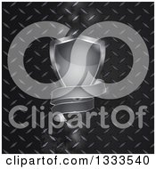 Clipart Of A 3d Shiny Silver Shield And Banner Over Black Diamond Plate Metal Royalty Free Vector Illustration