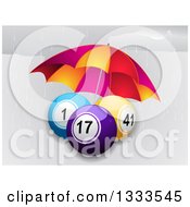 Poster, Art Print Of 3d Bingo Or Lottery Balls Being Sheltered From The Rain With An Umbrella