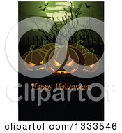 Poster, Art Print Of Background With Flying Bats A Full Moon Bare Branches And Jackolantern Pumpkins With Happy Halloween Text Over Copy Space