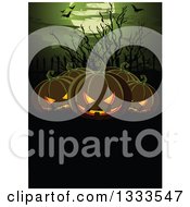 Poster, Art Print Of Halloween Background With Flying Bats A Full Moon Bare Branches And Jackolantern Pumpkins Over Text Space