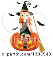 Poster, Art Print Of Cute Red Haired White Witch Girl Sitting On A Giant Jackolantern Pumpkin With Bats In The Background
