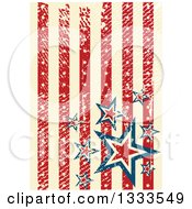 Poster, Art Print Of Distressed Grungy American Background With Vertical Red And Tan Stripes And Stars