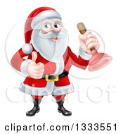Poster, Art Print Of Happy Christmas Santa Claus Plumber Holding A Plunger And Giving A Thumb Up 2