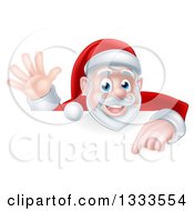 Poster, Art Print Of Cartoon Christmas Santa Claus Waving And Pointing Down Over A Sign