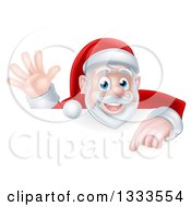 Clipart Of A Cartoon Christmas Santa Claus Waving And Pointing Down Over A Sign Royalty Free Vector Illustration