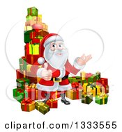 Poster, Art Print Of Cartoon Santa Claus Presenting And Giving A Thumb Up By Stacked Christmas Gifts 2