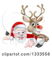 Poster, Art Print Of Cartoon Christmas Santa Claus And Red Nosed Reindeer Pointing Down Over A Sign