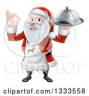 Poster, Art Print Of Happy Christmas Santa Claus Chef Gesturing Ok And Holding A Food Cloche Platter 2
