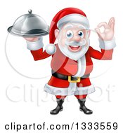 Poster, Art Print Of Happy Christmas Santa Claus Chef Gesturing Ok And Holding A Food Cloche Platter 3