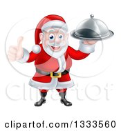 Poster, Art Print Of Happy Christmas Santa Claus Chef Holding A Food Cloche Platter And Thumb Up