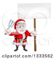 Poster, Art Print Of Cartoon Santa Holding A Blank Sign And Garden Fork