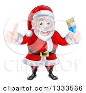 Clipart Of A Christmas Santa Claus Holding A Blue Paintbrush And Giving A Thumb Up Royalty Free Vector Illustration