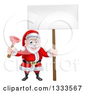 Poster, Art Print Of Happy Christmas Santa Claus Plumber Holding A Plunger And Blank Sign 3