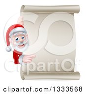 Poster, Art Print Of Cartoon Christmas Santa Claus Looking And Pointing Around A Blank Parchment Scroll