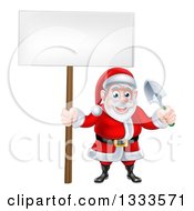 Poster, Art Print Of Cartoon Santa Holding A Blank Sign And A Garden Trowel