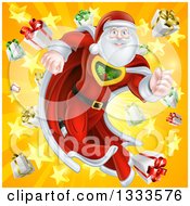 Poster, Art Print Of Super Hero Santa Claus Running In A Christmas Suit Over A Star Burst With Gifts 2