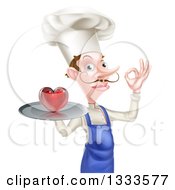 Clipart Of A White Male Chef With A Curling Mustache Holding A Heart On A Tray And Gesturing Ok Royalty Free Vector Illustration