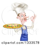 Poster, Art Print Of White Male Chef With A Curling Mustache Holding A Pizza And Gesturing Ok