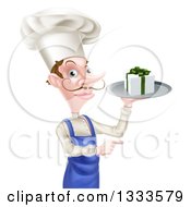 Poster, Art Print Of White Male Chef With A Curling Mustache Holding A Gift On A Platter And Pointing