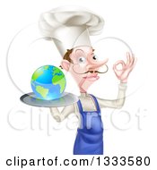 Poster, Art Print Of White Male Chef With A Curling Mustache Holding Earth On A Platter And Gesturing Ok