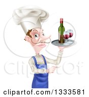 Clipart Of A White Male Chef With A Curling Mustache Pointing And Holding A Tray With Red Wine Royalty Free Vector Illustration