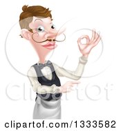 Cartoon Caucasian Male Waiter With A Curling Mustache Gesturing Ok And Poiting