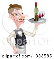 Clipart Of A Cartoon Caucasian Male Waiter With A Curling Mustache Holding Red Wine On A Tray Royalty Free Vector Illustration