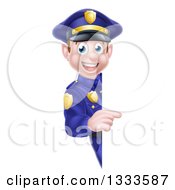 Cartoon Happy Caucasian Male Police Officer Pointing Around A Sign