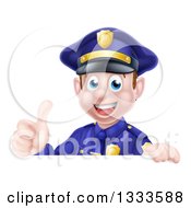 Cartoon Happy Caucasian Male Police Officer Giving A Thumb Up Over A Sign