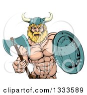 Poster, Art Print Of Cartoon Tough Muscular Blond Male Viking Warrior Holding An Axe And Shield