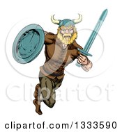 Poster, Art Print Of Muscular Blond Viking Warrior Sprinting With A Sword And Shield
