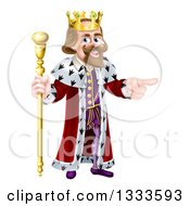 Poster, Art Print Of Happy Brunette Caucasian King Holding A Staff And Pointing To The Right