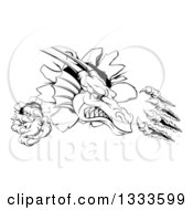 Poster, Art Print Of Black And White Vicious Dragon Mascot Head Shredding Through A Wall 2