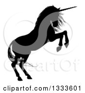 Poster, Art Print Of Black Silhouetted Rearing Unicorn In Profile Facing Right 2
