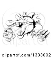 Poster, Art Print Of Black And White Cartoon Vicious Alligator Or Crocodile Monster Slashing Through A Wall