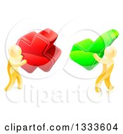 Clipart Of 3d Right And Wrong Gold Men Carrying X And Check Marks 2 Royalty Free Vector Illustration